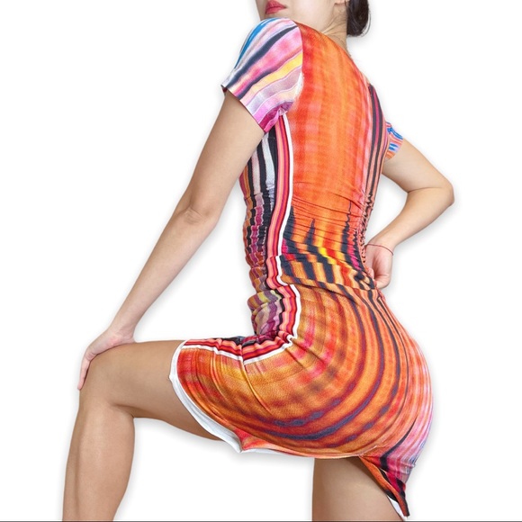 TracyReese Artsy Multicolor Stripe Psychedelic Print Ruched Bodycon Silk dress 0 - Picture 13 of 16